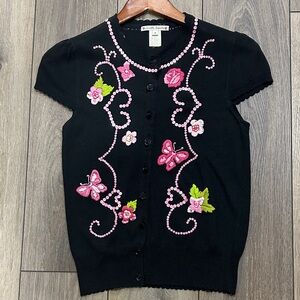 Nanette Lepore Black Cardigan with Pink Embroidery